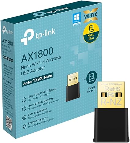 TP-Link Clé WiFi 6 Puissante AX1800 Mbps, Archer TX20U Nano, Nano Adaptateur USB WiFi, dongle WiFi, Bi-Bande, 2.4G / 5GHz, MU-MIMO, WPA3, Compatible avec Windows 11/10